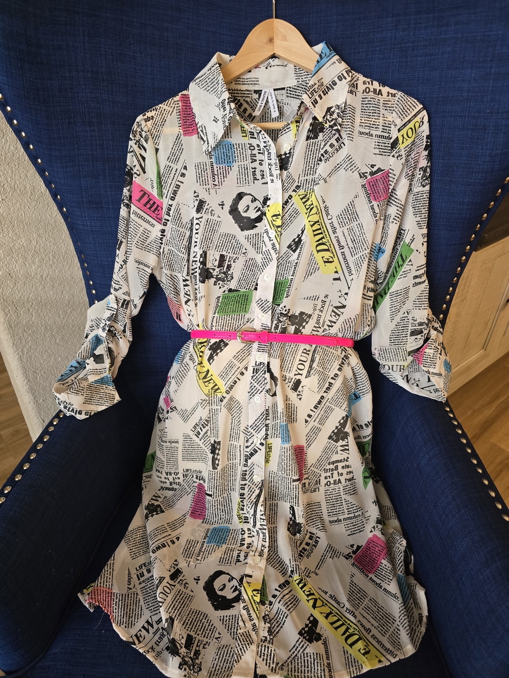 Newspaper Print Shirt Dress with Pink Belt